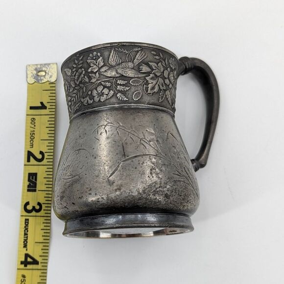 Antique Meriden Brittania Co. Cup Mini Pitcher Birds Etched Floral - Picture 6 of 6